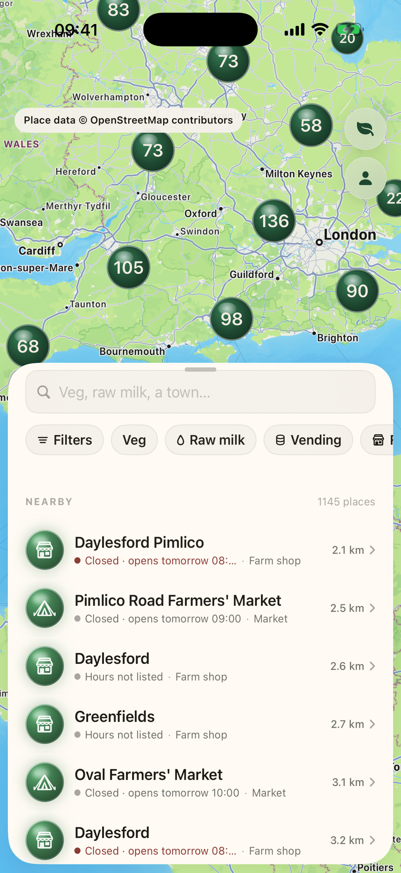 Root's map showing local food places around England, with a nearby places list