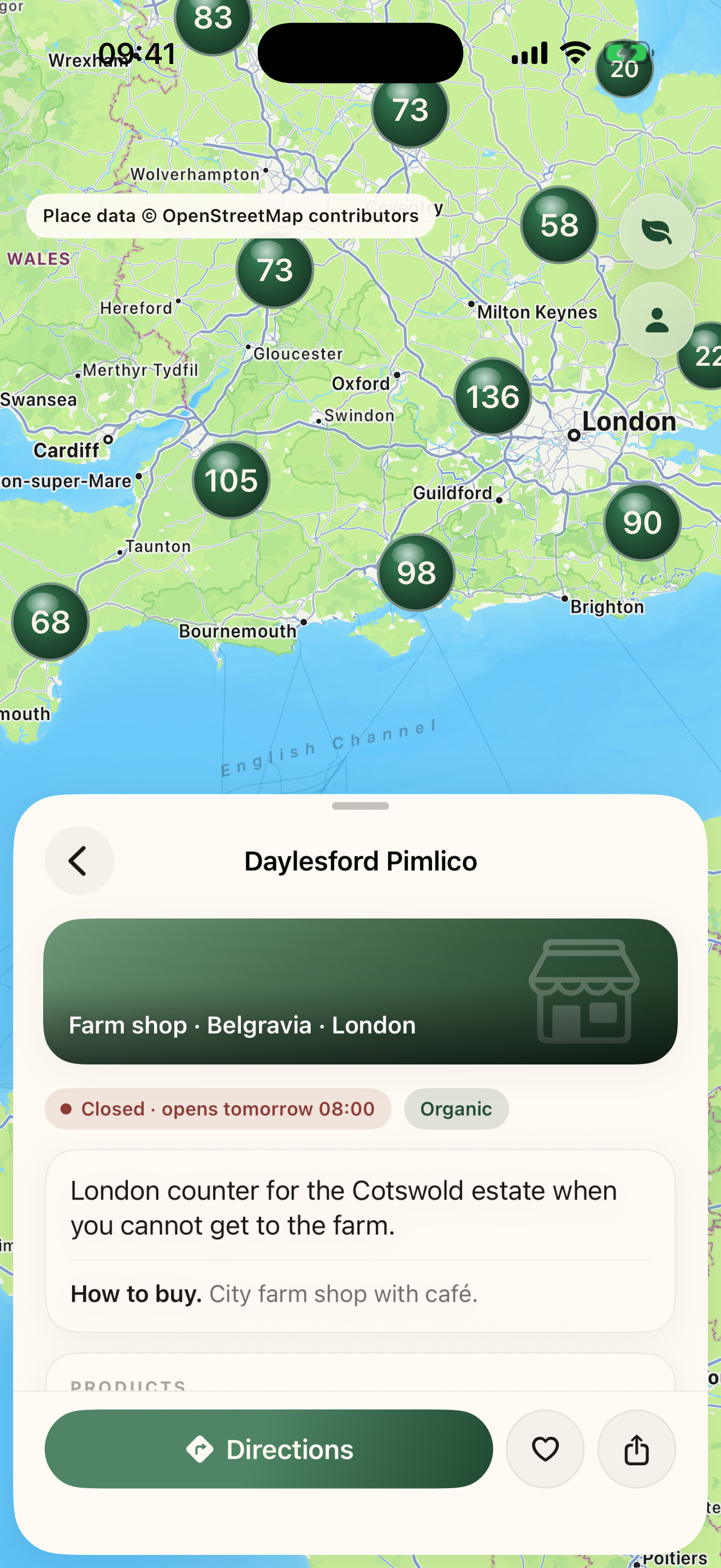 A Root place detail page with opening information and directions